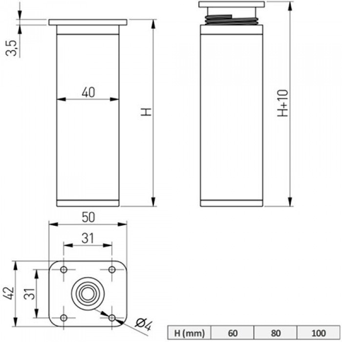 Ножка алюминиевая DAK-27 квадратная h=60 черная GTV