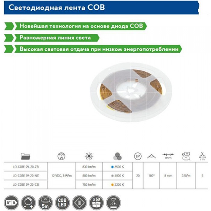 СВЕТОДИОДНАЯ ЛЕНТА COB 1600 LED, 12V, IP20, 40W, 8MM, 5M, СВЕТ  ХОЛОДНЫЙ БЕЛЫЙ GTV